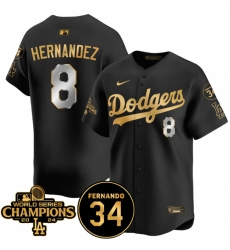 Men Los Angeles Dodgers 8 Enrique Hernandez Black Gold 2024 World Series Champions  26 Fernando Memorial Patch Vapor Premier Limited Stitched Baseball Jers