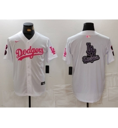 Men Los Angeles Dodgers Team Big Logo White Pink Vin  26 Kobe Patch Stitched Baseball Jersey 002