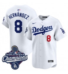 Men's Los Angeles Dodgers #8 Enrique Hernandez White 2025 World Series Champions Patch Home Limited Stitched Baseball Jersey