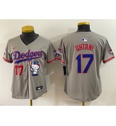 Women Los Angeles Dodgers 17 Shohei Ohtani Grey Hello Kitty Night 2025 World Series Champions Patch Stitched Baseball Jersey Women Los Angeles Dodgers 17 Shohei Ohtani Grey Hello Kitty Night 2025 World Series Champions Patch Stitched Baseball Jersey