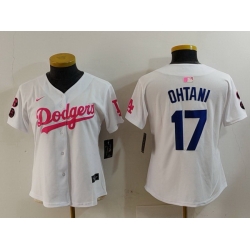 Women Los Angeles Dodgers 17 Shohei Ohtani White Pink Vin  26 Kobe Patch Stitched Baseball Jersey