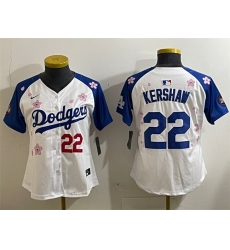 Women Los Angeles Dodgers 22 Clayton Kershaw White Royal 2025 Tokyo Series Limited Stitched Baseball Jersey