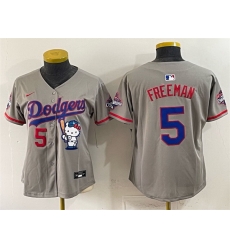 Women Los Angeles Dodgers  5 Freddie Freeman Grey Hello Kitty Night 2025 World Series Champions Patch Stitched Baseball Jersey