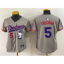 Women Los Angeles Dodgers  5 Freddie Freeman Grey Hello Kitty Night 2025 World Series Champions Patch Stitched Baseball Jersey