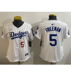 Women Los Angeles Dodgers 5 Freddie Freeman White 2024 World Series With Fernando Memorial Patch Home Limited Stitched Baseball Jersey 28Run Small 29