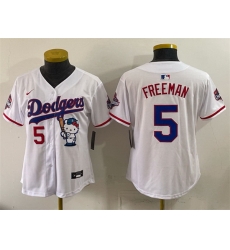 Women Los Angeles Dodgers 5 Freddie Freeman White Hello Kitty Night 2025 World Series Champions Patch Stitched Baseball Jersey Women Los Angeles Dodgers 5 Freddie Freeman White Hello Kitty Night 2025 World Series Champions Patch Stitched Baseball Jersey