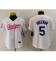 Women Los Angeles Dodgers 5 Freddie Freeman White Pink Vin  26 Kobe Patch Stitched Baseball Jersey