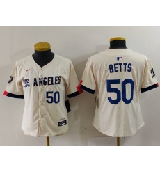 Women Los Angeles Dodgers 50 Mookie Betts Cream Stitched Jersey 1