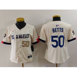 Women Los Angeles Dodgers 50 Mookie Betts Cream Stitched Jersey 3