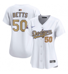 Women Los Angeles Dodgers 50 Mookie Betts White 2025 Gold Collection Limited Stitched Baseball Jersey Women Los Angeles Dodgers 50 Mookie Betts White 2025 Gold Collection Limited Stitched Baseball Jersey