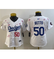 Women Los Angeles Dodgers 50 Mookie Betts White 2025 Tokyo Series Limited Stitched Baseball Jersey Women Los Angeles Dodgers 50 Mookie Betts White 2025 Tokyo Series Limited Stitched Baseball Jersey