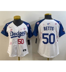Women Los Angeles Dodgers 50 Mookie Betts White Royal 2025 Tokyo Series Limited Stitched Baseball Jersey