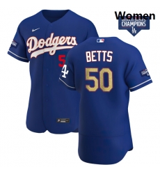 Women Los Angeles Dodgers Mookie Betts 50 Gold Program Designed Edition Blue Flex Base Stitched Jersey