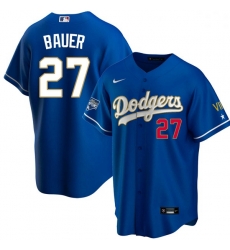 Women Los Angeles Dodgers Trevor Bauer 27 Championship Gold Trim Blue Limited All Stitched Flex Base Jersey