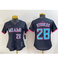 Women Miami Marlins 28 Kyle Stowers Black 2025 City Connect Limited Stitched Baseball Jersey Women Miami Marlins 28 Kyle Stowers Black 2025 City Connect Limited Stitched Baseball Jersey