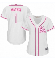 Womens Majestic Miami Marlins 1 Cameron Maybin Authentic White Fashion Cool Base MLB Jersey 