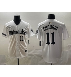 Men Milwaukee Brewers 11 Jackson Chourio White  Gothic 414 Shadows Edition Vapor Premier Limited Stitched Jersey