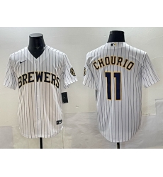 Men Milwaukee Brewers 11 Jackson Chourio White Pinstripe 2025 With Patch Stitched Baseball Jersey Men Milwaukee Brewers 11 Jackson Chourio White Pinstripe 2025 With Patch Stitched Baseball Jersey