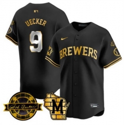 Men Milwaukee Brewers 9 Bob Uecker Black Gold With Home  26 Bob Uecker Patch Limited Stitched Baseball Jersey