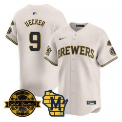 Men Milwaukee Brewers 9 Bob Uecker Cream With Home  26 Bob Uecker Patch Limited Stitched Baseball Jersey