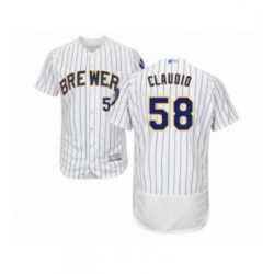 Mens Milwaukee Brewers 58 Alex Claudio White Home Flex Base Authentic Collection Baseball Jersey