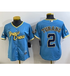 Women Milwaukee Brewers 2 Brice Turang Powder Blue City Connect Cool Base Stitched Jersey 28Run Small 29