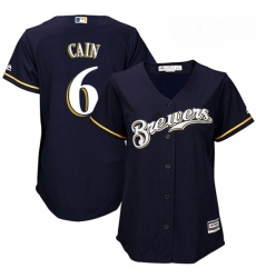 Womens Majestic Milwaukee Brewers 6 Lorenzo Cain Replica Navy Blue Alternate Cool Base MLB Jersey 