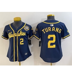 Youth Milwaukee Brewers  2 Brice Turang Navy With Home   Bob Uecker Patch Limited Stitched Jersey