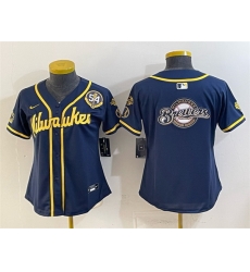 Youth Milwaukee Brewers Team Big Logo Navy With Home   Bob Uecker Patch Limited Stitched Jersey