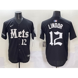 Men New York Mets 12 Francisco Lindor Black  27Gotham Gothic Edition 27 Vapor Premier Limited Stitched Baseball Jersey