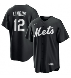 Men New York Mets 12 Francisco Lindor Black Lights Out Limited Stitched Baseball Jersey