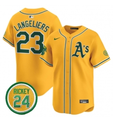 Men Oakland Athletics 23 Shea Langeliers Yellow 2024 Limited With Rickey Henderson Patch Stitched Jersey