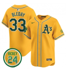 Men Oakland Athletics 33 JJ Bleday Yellow 2024 Limited With Rickey Henderson Patch Stitched Jersey