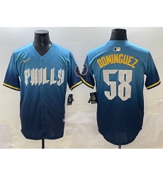 Men Philadelphia Phillies 58 Seranthony Dom EDnguez Blue 2024 City Connect Limited Stitched Jersey Men Philadelphia Phillies 58 Seranthony Dom EDnguez Blue 2024 City Connect Limited Stitched Jersey