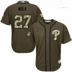 Mens Majestic Philadelphia Phillies 27 Aaron Nola Replica Green Salute to Service MLB Jersey