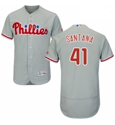 Mens Majestic Philadelphia Phillies 41 Carlos Santana Grey Road Flex Base Authentic Collection MLB Jersey