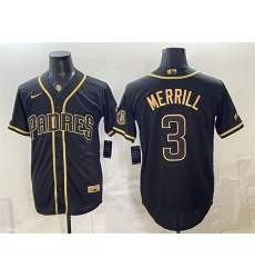 Men San Diego Padres 3 Jackson Merrill Black Gold With Patch Stitched Baseball Jersey Men San Diego Padres 3 Jackson Merrill Black Gold With Patch Stitched Baseball Jersey