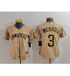 Women San Diego Padres 3 Jackson Merrill Tan Stitched Baseball Jersey 3 Women San Diego Padres 3 Jackson Merrill Tan Stitched Baseball Jersey 3