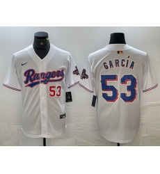 Men Texas Rangers 53 Adolis Garc EDa White Gold Cool Base Stitched Baseball Jersey II