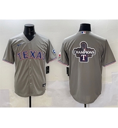 Men Texas Rangers Grey 2023 World Series Champions Big Logo With Patch Cool Base Stitched Baseball Jersey