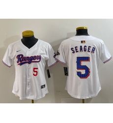 Women Texas Rangers 5 Corey Seager White Gold Stitched Baseball Jersey 3