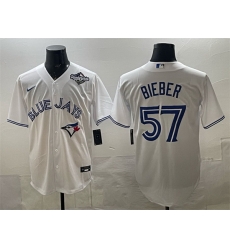 Men Toronto Blue Jays 57 Shane Bieber White 2025 World Series Home Cool Base Stitched Baseball Jersey Men Toronto Blue Jays 57 Shane Bieber White 2025 World Series Home Cool Base Stitched Baseball Jersey
