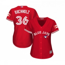 Womens Toronto Blue Jays 36 Clay Buchholz Replica Scarlet Alternate Baseball Jersey 
