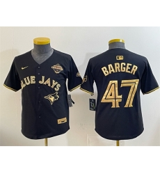 Youth Toronto Blue Jays 47 Addison Barger Black Gold 2025 American League Champions Limited Stitched Baseball Jersey Youth Toronto Blue Jays 47 Addison Barger Black Gold 2025 American League Champions Limited Stitched Baseball Jersey
