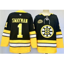 Men Boston Bruins 1 Jeremy Swayman Black 100th Anniversary Stitched Hockey Jersey