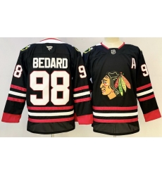 Men Chicago Blackhawks 98 Connor Bedard Black With A Patch Stitched Hockey Jersey Men Chicago Blackhawks 98 Connor Bedard Black With A Patch Stitched Hockey Jersey