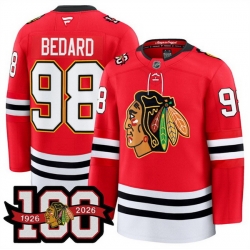Men Chicago Blackhawks 98 Connor Bedard Red 2025 Home 100th Anniversary Stitched Hockey Jersey