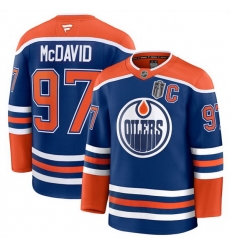 Men Edmonton Oilers 97 Connor McDavid Royal 2025 Stanley Cup Final Patch And C Patch Stitched Hockey Jersey