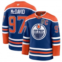 Men Edmonton Oilers 97 Connor McDavid Royal 2025 Stanley Cup Final Patch And C Patch Stitched Hockey Jersey
