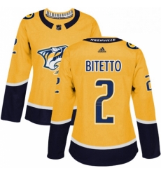 Womens Adidas Nashville Predators 2 Anthony Bitetto Authentic Gold Home NHL Jersey 